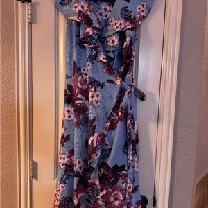 Alex Marie Floral Wrap Dress in Blue and Burgundy